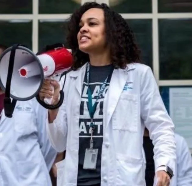 The author delivering the keynote speech at a Yale School of Medicine White Coats for Black Lives demonstration. (Photo: Courtesy of Amanda J. Calhoun)
