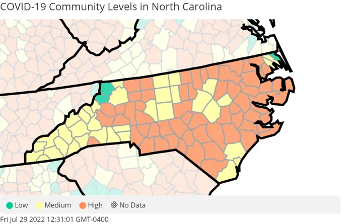 As of July 29, 2022 in North Carolina, 62 counties were shaded orange signaling high transmission rates of COVID-19. That’s 10 more counties than the previous week.